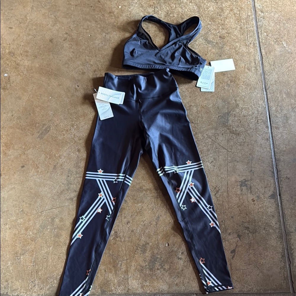 NWT Black Star Leggings and black sports bra set Small
